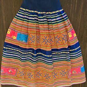 Handmade Thai Tribal Skirt Free Size, Colorful Embroidery & Patchwork Details
